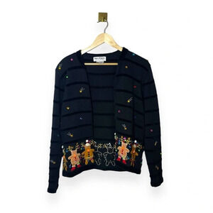 Vintage 90s Reindeer Christmas Cardigan Sweater Black Medium Ugly Holiday